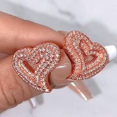 Rose Gold Pave Rhinestone Curvy Heart Post Earrings Cz Crystal Hearts Studs New Post Style Earrings Approx 15mm New Also Listed Separately In Gold And Silver, See Last Pics For A Preview Most Of My Other Earrings Are Dangle Types That Can Be Upgraded To Solid Sterling Silver Or 14k Gold Filled Wires So If You Have Sensitive Ears Like Me, Check My Other Listings. I Buy My Ear Wires From A Legitimate Metal Source Jewelry Supplies Company. I Can't Wear Metals Other Than Stainless Steel, Gold Or Rea Rose Gold Cubic Zirconia Heart Earrings For Anniversary, Anniversary Rose Gold Heart Earrings With Cubic Zirconia, Glamorous Heart Earrings With Rhinestones As Gift, Rose Gold Cubic Zirconia Heart Cut Earrings, Glamorous Rhinestone Heart Earrings As Gift, Glamorous Rhinestone Heart Earrings For Gift, Rose Gold Double Heart Jewelry For Party, Elegant Pink Cubic Zirconia Heart Earrings, Heart-shaped Rhinestone Earrings For Gift