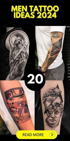 the cover of men's tattoo ideas book is shown in four different colors and sizes