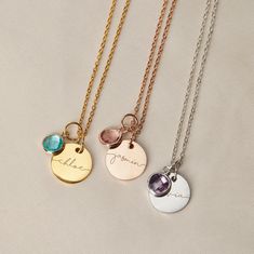 "Personalized Necklace for Women Birthstone Necklace Name Monogram Bridesmaid Proposal Gifts Custom Name Engraved Necklace for Mom . . . . . . . . . . . . . . . . . Petite, unique, and absolutely astonishing Classic, Modern, Elegant handmade necklace with name personalized coin and birthstone. This is sophisticate, delicate and minimalist, chic and artistic made Jewelry available in three colors: rose gold, gold, and silver. Cam be personalized: choose the birthstone and name for your necklace. The perfect personalized gift for any occasion! Great gift for mom, Women and the unique best Holiday gift. Whether it is romantic or casual. Customized with love, it is sure to be a special timeless charm they will treasure for many moments to come.   Each item is made-to-order, which gives our pie New Mom Jewelry, Necklace With Name, Grandma Christmas, Bridesmaid Proposal Gifts, Minimalist Chic, Great Gifts For Mom, Mom Jewelry, Proposal Gifts, Custom Name Necklace