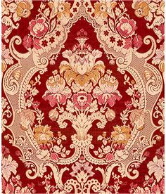 an ornate red and gold wallpaper with floral designs on the bottom half of it