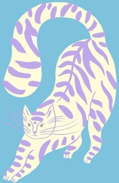 a drawing of a cat with purple and white stripes on it's tail, standing in front of a blue background