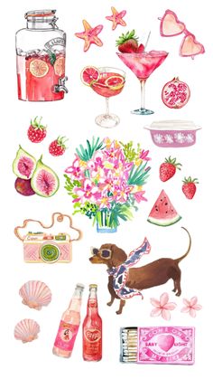 a watercolor drawing of various items that include flowers, fruit, and other things