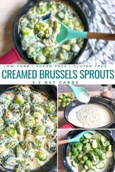 broccoli brussel sprouts are being cooked in a cast iron skillet