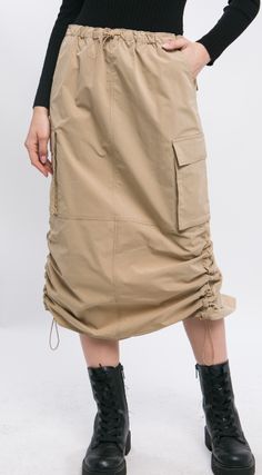 Cargo Skirt With Drawstring Ruched And Rear slit Fabric Contents 100% POLYESTER Cargo Midi Skirt, Jennie O, Midi Skirt With Pockets, Cargo Skirt, Skirt With Pockets, Skirts With Pockets, Pocket Detail, How To Feel Beautiful, Every Woman