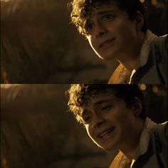 two different shots of a young man with curly hair, smiling and looking at the camera