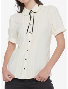 Antique White Ruffle Bow Girls Woven Button-Up Dark Academia Essentials, Heart Button, Woven Top, Antique White, Girl Top, Button Up Shirt, Hot Topic, Green Tea, Cool Shirts