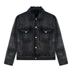 Classic black denim jacket with a worn-in look. Features a button-up front, collar, and two chest pockets with snap closures. Side pockets and adjustable waist tabs add functionality. The distressed finish gives it an edgy, vintage appeal. Perfect for layering and adding a cool, casual vibe to any outfit. Size (in cm) S M L XL Length 56 58 60 62 Chest 113 117 121 125 Shoulder 48 50 52 54 More Sizing Information Below Washed Black Button-up Outerwear, Edgy Washed Black Distressed Denim Jacket, Black Washed Button-up Denim Jacket, Washed Black Button-up Outerwear With Pockets, Washed Black Long Sleeve Denim Jacket With Pockets, Winter Washed Black Outerwear With Buttons, Black Utility Denim Jacket With Button Closure, Washed Black Denim Jacket With Buttons For Fall, Fall Streetwear Denim Jacket With Buttoned Pockets