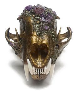 an animal's skull with large teeth and purple crystals on its head, against a white background