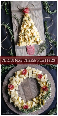 christmas cheese platter is displayed on a wooden board