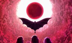 three people standing in front of a red sun with bat wings flying over them and the moon behind them