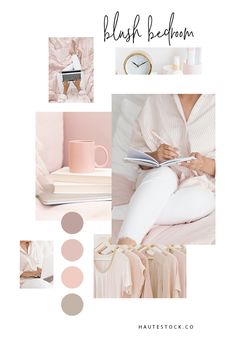 a woman sitting on top of a bed next to pink and white furniture with the words blush bedroom