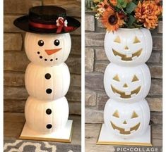 two pictures side by side one has a snowman and the other has a pumpkin