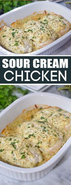 two pictures of chicken in a white casserole dish with parsley on top