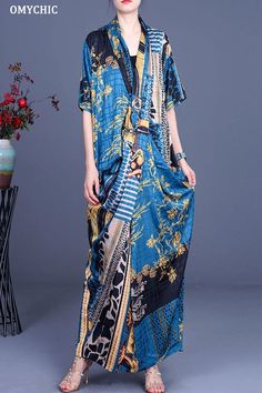 Boutique Blue Print Overlapping asymmetrical design Silk Summer Maxi Dress Silk Prints, Morning Dress, Boutique Maxi Dresses, Kaftan Designs, Chic Gowns, Cotton Linen Dresses, Maxi Dress Online, Maxi Robes, Blue Maxi