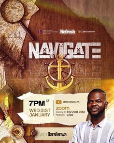 a man standing in front of a poster for navigate with an anchor on it