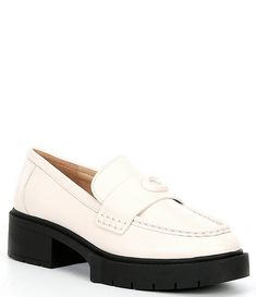 COACH Leah Leather Block Heel Loafers | Dillard's Formal White Loafers With Lug Sole, Coach Loafers With Leather Sole For Work, Elegant Coach Loafers With Round Toe, White Office Loafers With Lug Sole, Classic Coach Loafers For Work, Coach Round Toe Business Loafers, Coach Flat Leather Loafers, Coach Business Loafers With Round Toe, Classic Spring Loafers With Platform