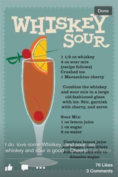 the whiskey sour recipe is shown in this poster