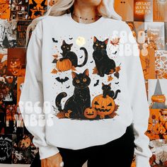 ☾ Black cat pumpkin ☾ 50% cotton 50% polyester | Gildan brand ☾ Color: White or Ash grey ☾ Please size up 1-2 sizes for an oversized look  ☾ Handmade :) Black Cat Pumpkin, Pumpkin Sweatshirt, Pumpkin Sweatshirts, Halloween Vibes, Cat Pumpkin, Sweatshirt Halloween, Halloween Sweatshirt, Fall Sweatshirt, Colorado Springs