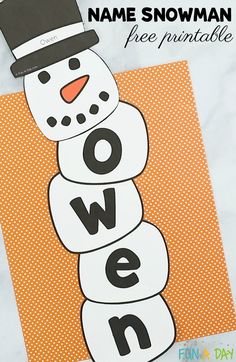 the name snowman printable is shown on top of an orange and white background