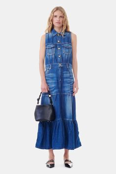 This Blue Denim Long Dress features a collar, button closure, short sleeves and front pockets. GANNI Blue Denim Long Dress in Mid Blue Vintage | Women's Size 8/10 Denim Long Dress, Ganni Dress, Size 16 Women, Cold Fits, Size 12 Women, Size 10 Women, Outerwear Vest, Size 8 Women, Mid Dresses