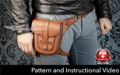 a man wearing a brown leather belted holster with the words pattern and instructional video below it