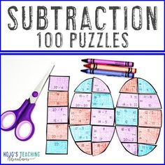 the word subtraction puzzles is shown with scissors and pencils