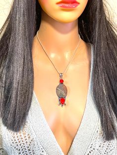 "Gorgeous, one-of-a-kind, big and long, multi gemstone pendant necklace: natural raw/rough Bloodstone, and red coral, set in 925 sterling silver plated over copper bezel setting, with 16\" inches long snake chain. Pendant size: 3\" x 1\" inches, approximately." Red Natural Stones Jewelry For Healing, Silver Jasper Pendant Jewelry, Silver Jasper Pendant Necklace, Red Coral Pendant Necklace As Gift, Red Coral Pendant Necklace For Gift, Silver Jasper Necklace With Natural Stones, Nickel-free Jasper Jewelry For Gifts, Nickel-free Jasper Jewelry As A Gift, Red Jewelry With Large Oval Pendant