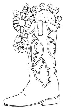 a cowboy boot with flowers in it coloring pages for kids, free to print and color