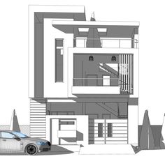 a car parked in front of a building with stairs and balconies on the second floor