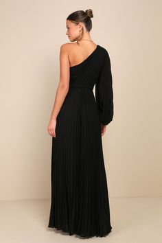 All you have to do is slip into the Lulus Divine Charm Black Pleated One-Shoulder Maxi Dress and you'll feel like pure elegance all night long! Lightweight pleated woven chiffon shapes a trendy one-shoulder neckline and a semi-sheer balloon sleeve (with elastic at the cuff). The high fitted waist features a matching tying sash, that sits atop a twirl-worthy, A-line skirt that falls to a sweeping maxi hem. Hidden side zipper/clasp. Fit: This garment fits true to size. Length: Floor length. Size medium measures 60.5" from shoulder to hem. Bust: Great for any cup size. Waist: Fitted - very fitted at natural waist. Hip: Not Fitted - room for hips. Undergarments: May be worn with a strapless bra, adhesive bra, petals, or no bra. Fabric: Fabric has no stretch. Lined. Shell: 100% Polyester. Linin Long Pleated Dress, Black Bridesmaid Dress, Black Bridesmaid, Pure Elegance, Black Bridesmaid Dresses, Adhesive Bra, Pleated Maxi Dress, Pleated Maxi, Strapless Bra