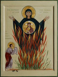 an icon depicting the virgin mary and jesus surrounded by red fire grass with two angels