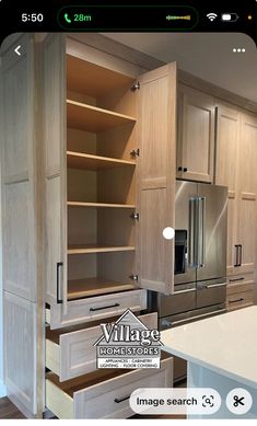 a kitchen with wooden cabinets and stainless steel refrigerator freezer combo in the center is an image search