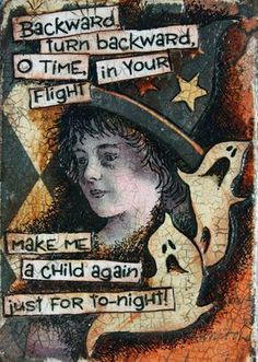 a painting with words written on it and an image of a child wearing a witches hat