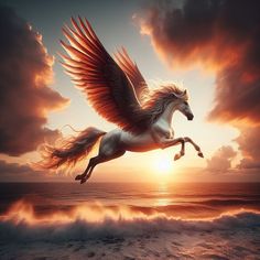 a white horse with wings is flying over the ocean at sunset in front of clouds