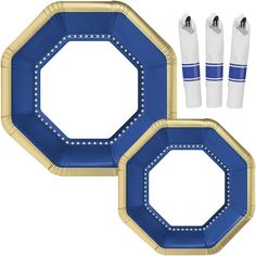 two blue and gold paper plates with white handles