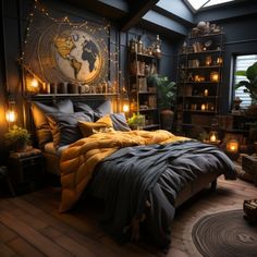 a bed room with a neatly made bed and lots of books on the shelves next to it