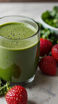 a green smoothie with strawberries next to it