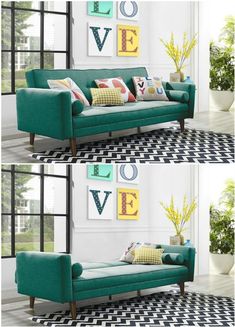 two photos of a living room with green couches