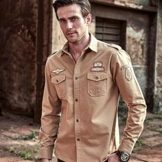 Men Military Style Tactical Shirts Cargo Tops Air Force Cardigan Long Sleeve Plus Size Shirt Khaki Cotton Tops With Cargo Pockets, Collared Top With Flap Pockets For Outdoor, Khaki Long Sleeve Shirt With Flap Pockets, Khaki Collared Tops With Cargo Pockets, Military Cotton Top With Flap Pockets, Khaki Long Sleeve Tops With Cargo Pockets, Tactical Cotton Tops For Outdoor, Khaki Long Sleeve Utility Top, Utility Long Sleeve Outdoor Tops