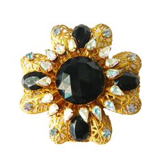 "Item: This is a beautiful Maltese cross brooch with black and aurora borealis rhinestones made by Miriam Haskell in the 1950s. It's a wonderful designer piece and is in Excellent condition. Be sure to Favorite this piece and check our other listings for lots more antique and vintage jewelry! Signature: Miriam Haskell Measurements: 2 1/2\" x 2 1/2\" Condition: 9.5 - Excellent Shipping: U.S. shipping is $8.50 for USPS Priority Mail with Tracking. Insurance upgrade encouraged but optional at check Mid-century Brooch Jewelry For Party, Mid-century Party Brooch Jewelry, Victorian Jeweled Brooches For Party, Vintage Rhinestone Brooches For Evening, Vintage Evening Brooches With Rhinestones, Vintage Jeweled Brooches For Party, Antique Rhinestone Brooches For Party, Jeweled Evening Costume Jewelry Brooches, Miriam Haskell Jewelry