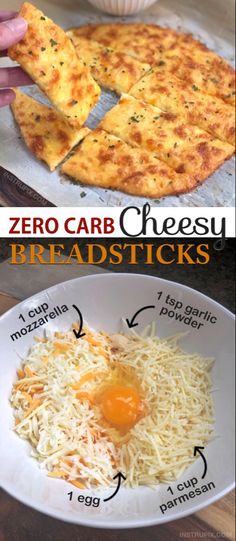 two pictures showing different types of cheeses and breadsticks on the same plate