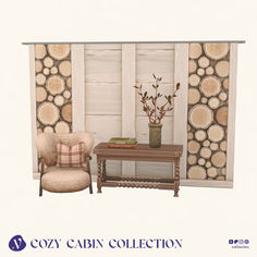 the cozy cabin collection includes a chair, table and vase with flowers in front of it