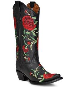 Circle G Women's Flowered Embroidery Western Tall Boots - Snip Toe, Black Embroidery Boots, Womens Cowgirl Boots, Black Cowboy Boots, Women's Circle, Corral Boots, Embroidered Boots, Knitted Flowers, Cowboy Boot, Long Boots