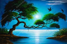 an oil painting on canvas of a tree by the ocean with birds flying over it