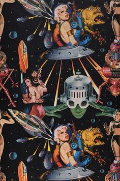 an image of women in space surrounded by rockets and other things on black background with stars