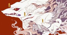 a drawing of two white dogs with red eyes and long hair, one is biting the other's tail