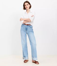 Flip Cuff High Rise Wide Leg Jeans in Light Wash Luxury Light Wash Tapered Leg Jeans, Petite Jeans 2022, Merricks Art Jeans, High Waist Jeans For Women, Wide Jeans Over 50, Can You Cuff Straight Leg Jeans, Cuffed Wide Leg Jeans, Wife Leg Jeans, Wide Cuff Jeans