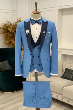 Beacher Glamorous Blue Three Pieces Prom Suits With Navy Blue Peaked Lapel Blue Prom Tuxedo, Blue Tuxedo Wedding, Peak Lapel Tuxedo, Tuxedo Colors, Prom Tuxedo, Blue Suit Men, Pants Gift, Blue Tuxedos, Wedding Suits Groom