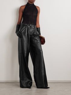 Leather pants are a non-negotiable component of your wardrobe, and Magda Butrym's version feels particularly relaxed, ensuring they suit a range of occasions. Designed to sit high on the waist, they have wide, paneled legs with soft pleats through the front. The full satin lining ensures smoothness. Winter Work Wear, Satin Set, Leather Pants Women, Magda Butrym, Fall Shopping, Clothes Collection, Jeans Dress, Women Collection, Denim Dress