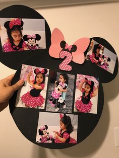 a mickey mouse photo collage with pink and black polka dots